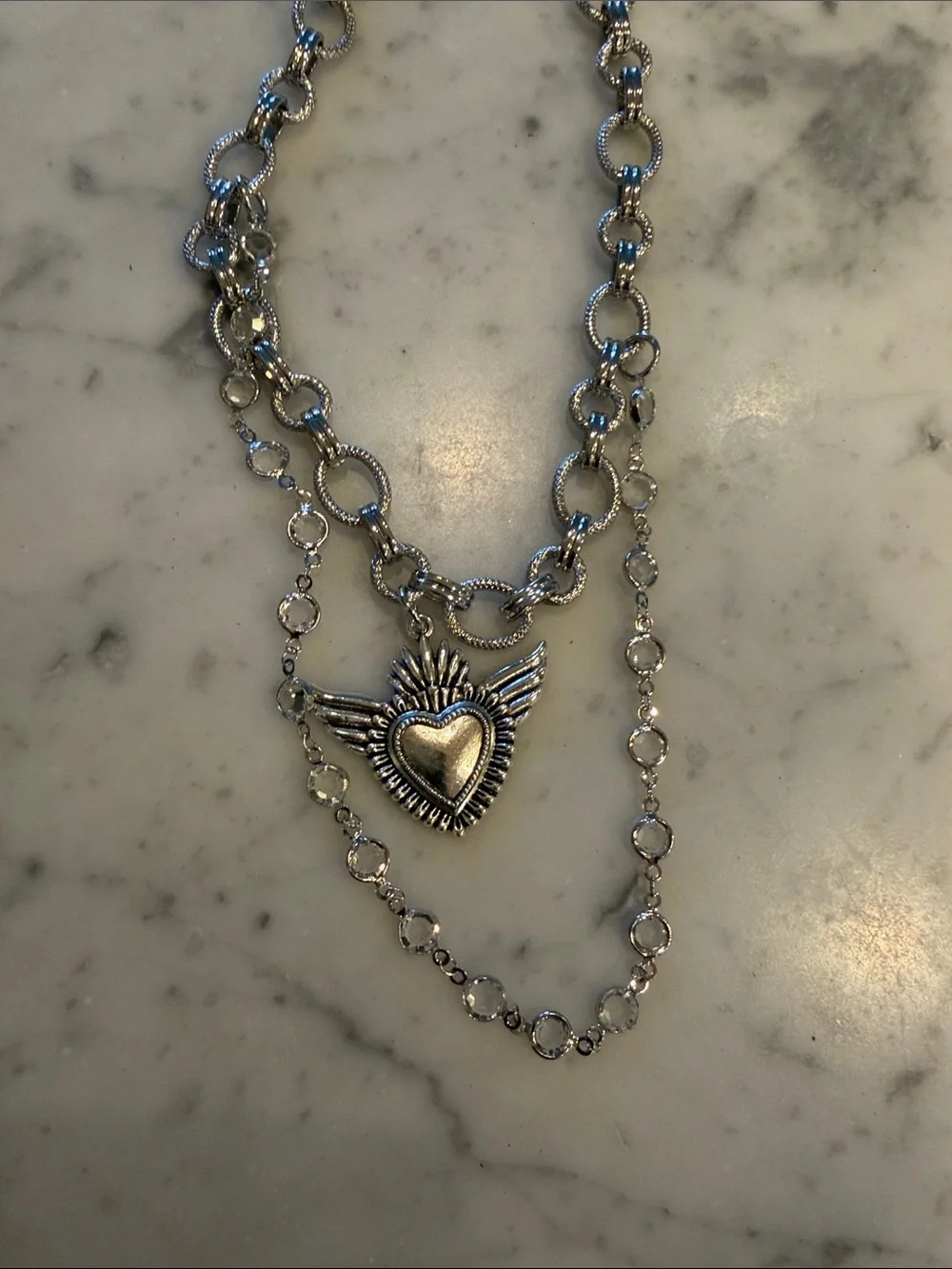 Layered Silver Winged Heart Necklace - Women Jewelry